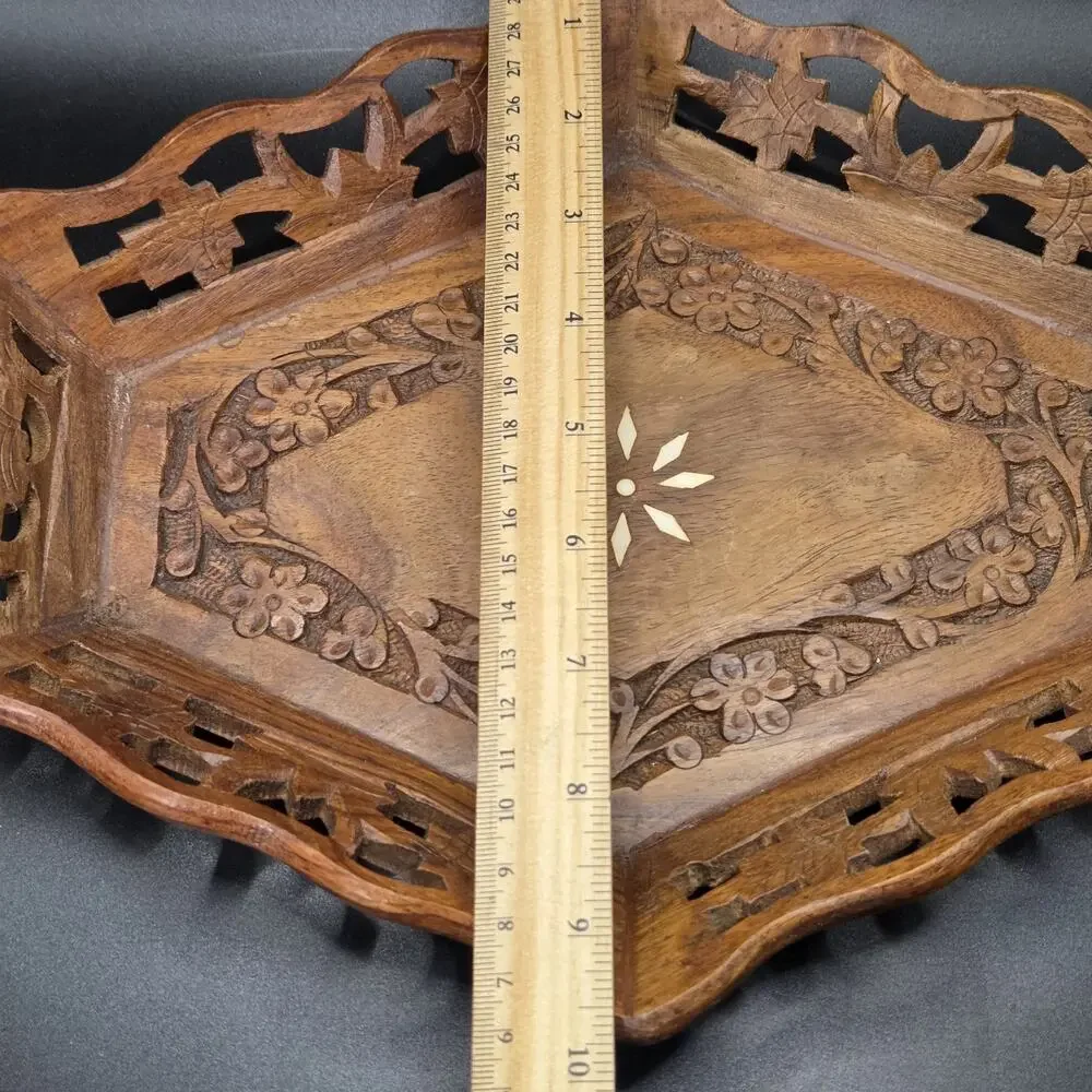 Hand Carved Wooden Bowl Tray 6 Sides Floral Leaf White Inlay Open Work Border